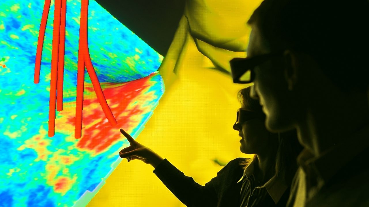 Obraz sejsmiczny trajektorii odwiertów, pokazujący jak można integrować dane podpowierzchniowe z różnych źródeł.