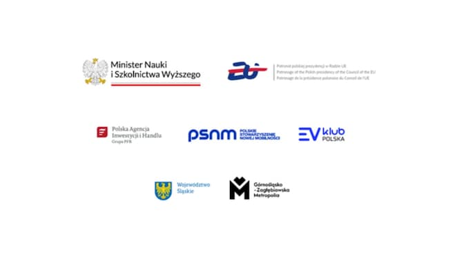 PATRONATES – loga patronów: Ministerstwo Nauki i Szkolnictwa Wyższego, Polskiej Prezydencji w UE, PAIH, PSNM, EV Klub Polska, Województwo Śląskie, Górnośląsko- Zagłębiowska Metropolia