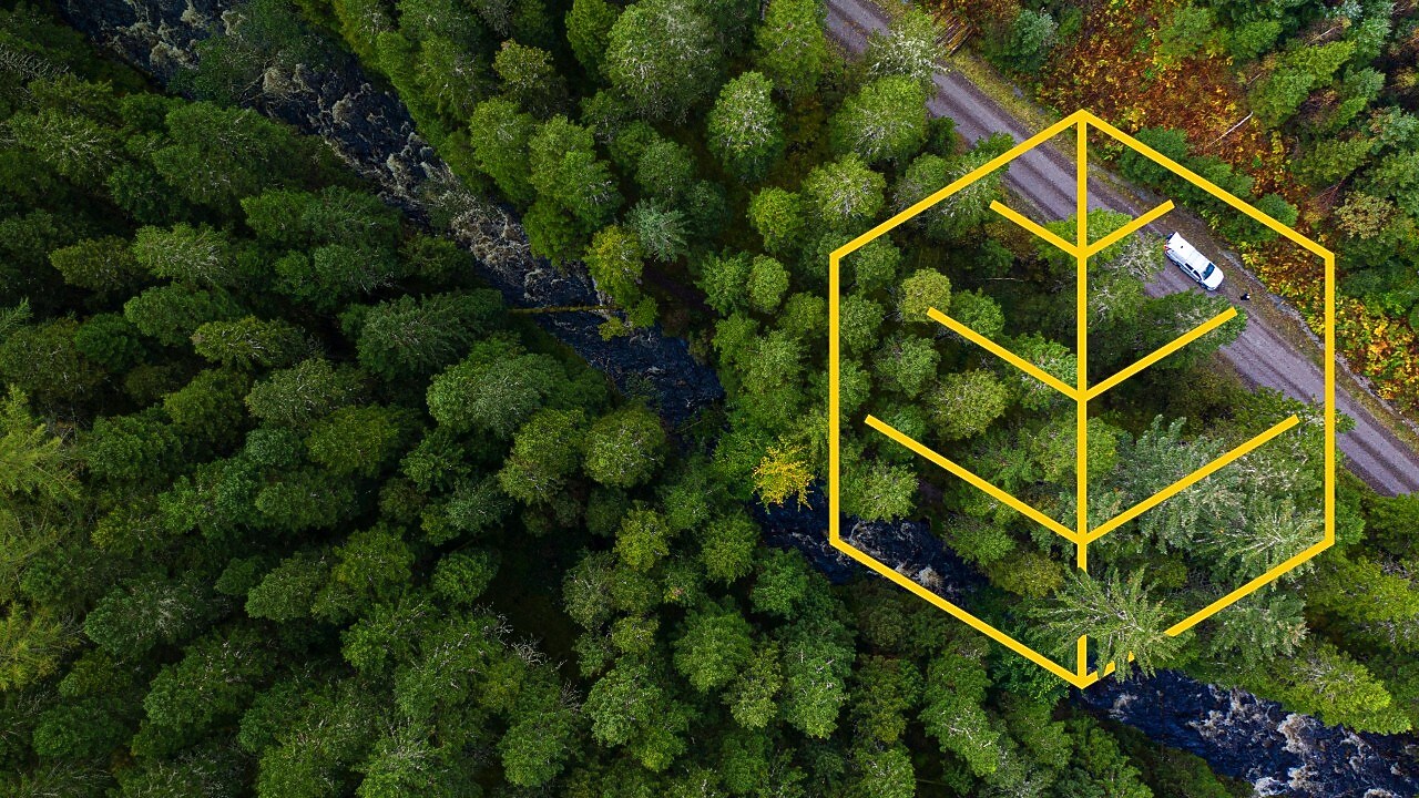 Widok rzeki i białej ciężarówki na drodze w lesie sosnowym z lotu ptaka z zarysem ilustracji „Poszanowanie przyrody”