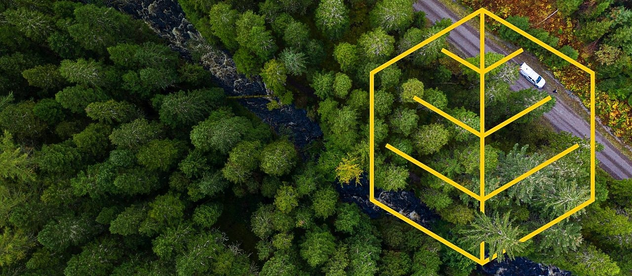 Widok rzeki i białej ciężarówki na drodze w lesie sosnowym z lotu ptaka z zarysem ilustracji „Poszanowanie przyrody”