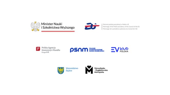 PATRONATES – loga patronów: Ministerstwo Nauki i Szkolnictwa Wyższego, Polskiej Prezydencji w UE, PAIH, PSNM, EV Klub Polska, Województwo Śląskie, Górnośląsko- Zagłębiowska Metropolia