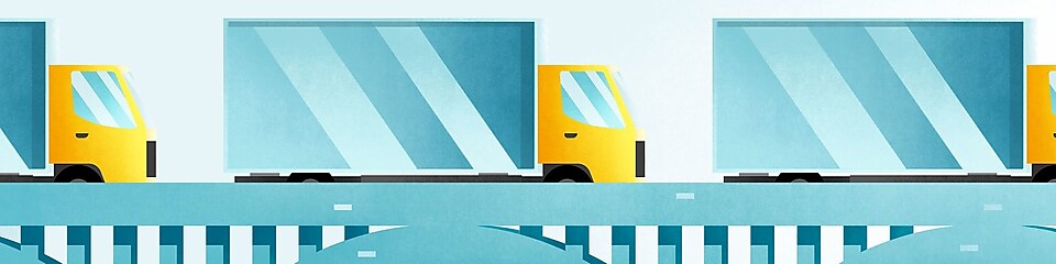 artistic illustration of trucks on bridge