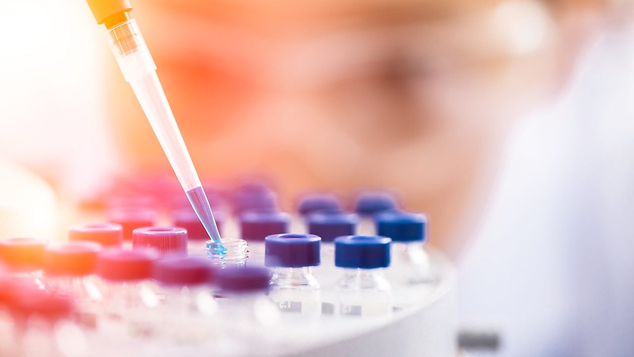 Liquid being poured into a plastic funnel by a shell scientist in a laboratory