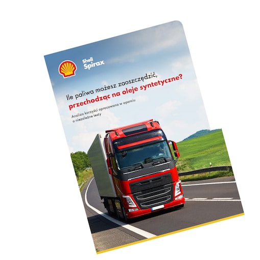 Broszura Shell Spirax z czerwonym samochodem ciężarowym na autostradzie.