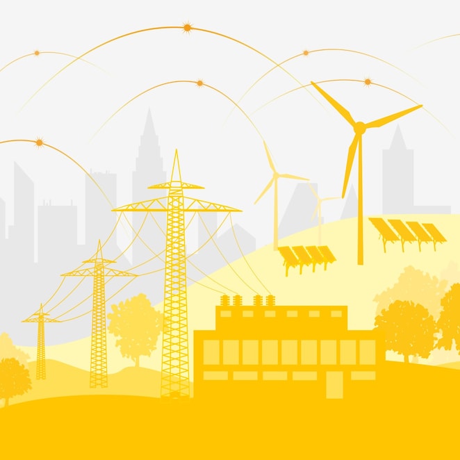 Infografika przedstawiająca krajobraz z turbinami wiatrowymi, panelami słonecznymi, słupami i liniami energetycznymi.