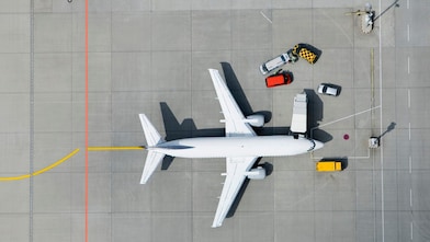 Samolot z samochodami dostawczymi na plycie lotniska widziany z lotu ptaka