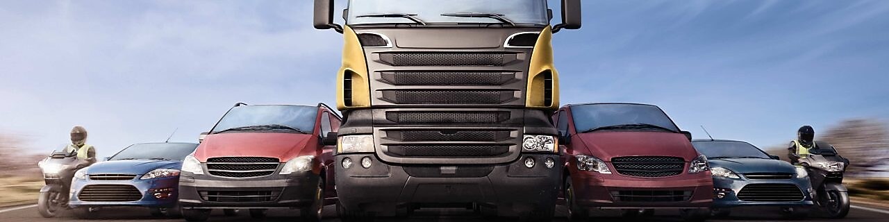 Cars and trucks in line on the road