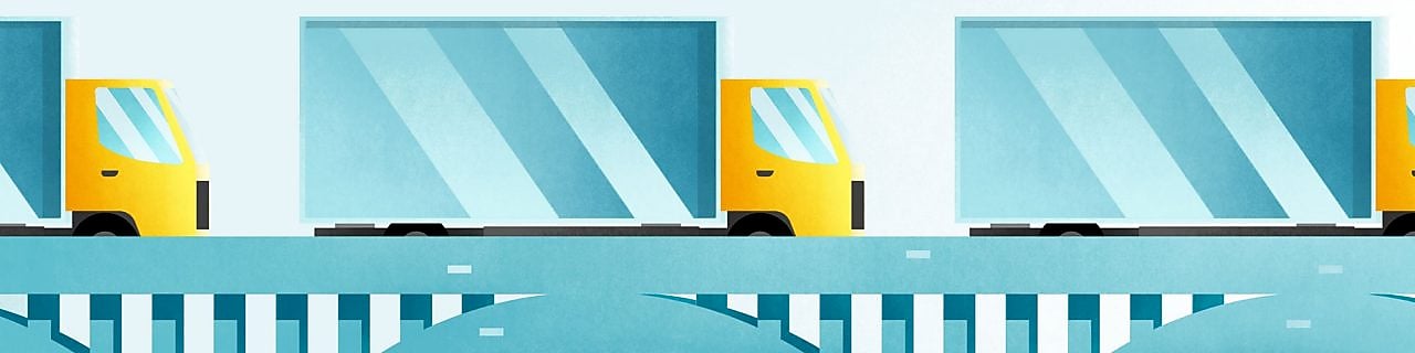 artistic illustration of trucks on bridge