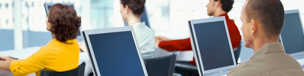 rear view of four business executives using computers in an office