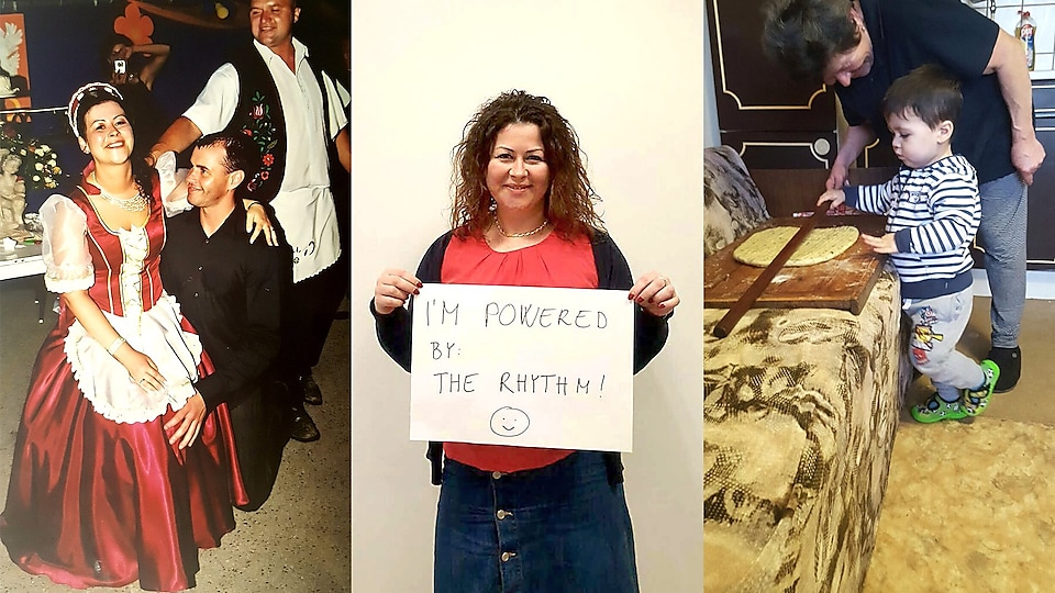Dressed in traditional Hungarian dress (left); holding card saying I’m Powered By: The Rhythm (centre); Krisztina’s mother and nephew (right)