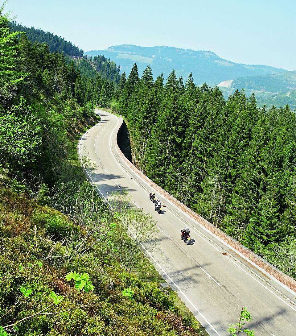 Trzy motocykle ścigające się po górskiej drodze w otoczeniu drzew