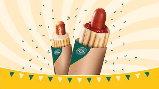 Grafika przedstawiająca dwa hot dogi z opisem Duży Hot dog w cenie małego!