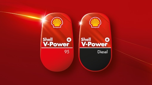 Grafika przedstawia nalewaki paliwa Shell V power 95 i Shell V power Diesel z teksem Zadbaj o swój samochód z Shell V-Power