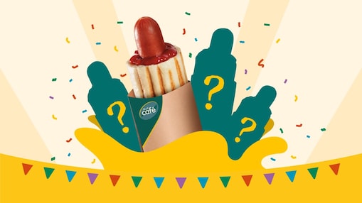 Grafika przedstawiająca ukryte hot dogi ktore będą pojawiały się co miesiąc jako nowość z tekstem Odkrywaj nowości i zbieraj punkty