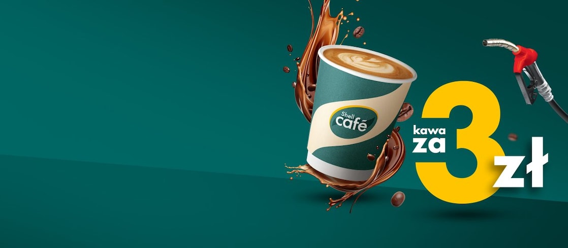 Banner przedstawiający kubek z kawą Shell Café za 3 zł