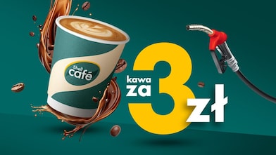 Banner przedstawiający kubek z kawą Shell Café za 3 zł