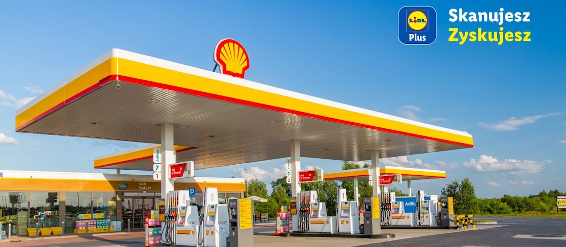 Stacja Shell oraz logo Lidl Skanujesz, zyskujesz.