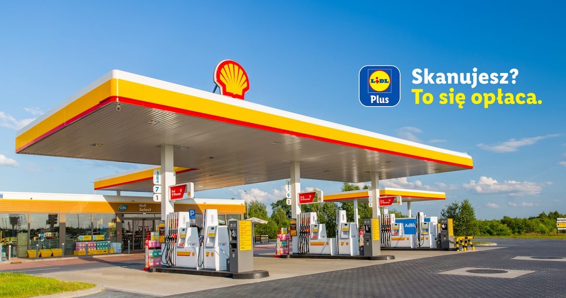 Stacja Shell oraz logo Lidl Skanujesz, zyskujesz.